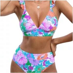 Cupshe White Pink Purple Two Piece Floral Bikini Swimsuit Ruffle Shoulder Large